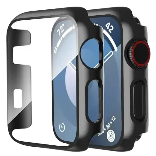 Smiling 2 Pack Compatible with Apple Watch Series 3/Series 2 38mm with Tempered Glass Screen Protector, Hard PC Case Overall Protective Cover- Black - SMILING