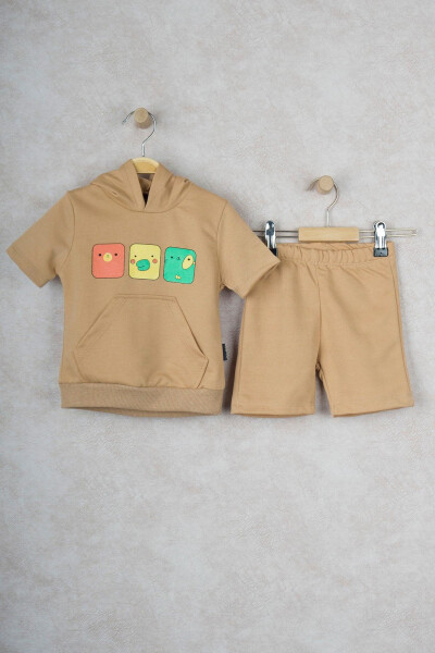 Smiling Face Hooded Kangaroo Pocket Shorts Children's Two-Piece Set - 2