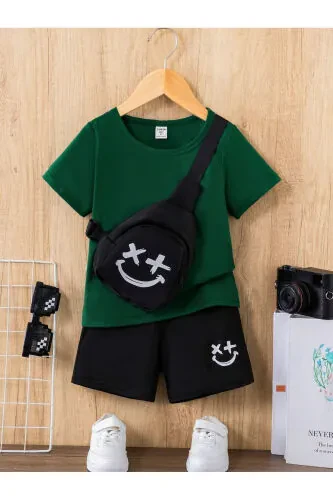 Smiling Face Printed Kids Set Navy T-shirt Black Shorts Girl Boy Bicycle Collar No Bag In The Set - DUBU BUTİK (1)