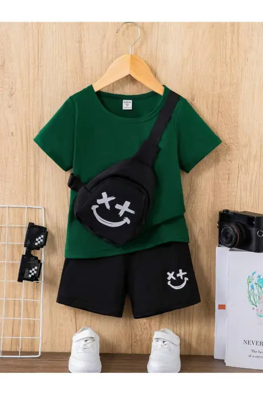 Smiling Face Printed Kids Set Navy T-shirt Black Shorts Girl Boy Bicycle Collar No Bag In The Set - 2