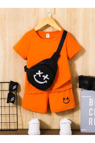 Smiling Face Printed Kids Set Orange T-shirt Shorts Girl Boy Bike Neck No Bag Included - DUBU BUTİK (1)