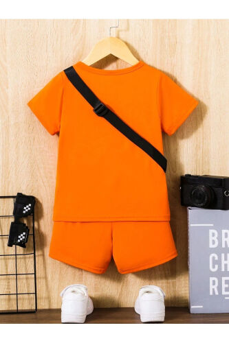 Smiling Face Printed Kids Set Orange T-shirt Shorts Girl Boy Bike Neck No Bag Included - 3