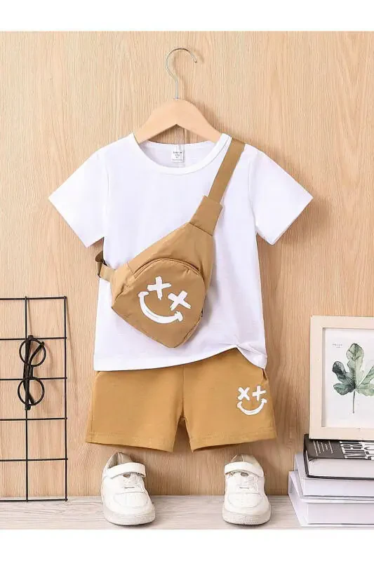 Smiling Face Printed Kids Set White T-shirt Beige Shorts Girl Boy Bike Collar No Bag Included - 2