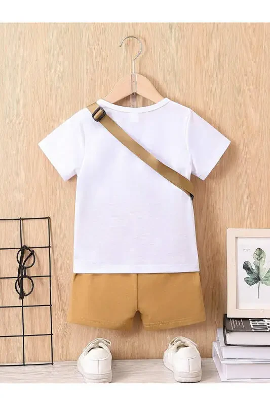 Smiling Face Printed Kids Set White T-shirt Beige Shorts Girl Boy Bike Collar No Bag Included - 3