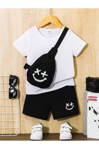 Smiling Face Printed Kids Set White T-shirt Black Shorts Girl Boy Bicycle Collar No Bag Included - DUBU BUTİK (1)