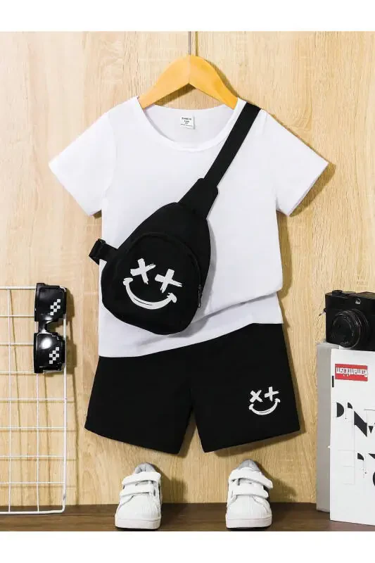 Smiling Face Printed Kids Set White T-shirt Black Shorts Girl Boy Bicycle Collar No Bag Included - 2