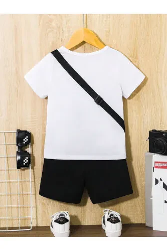 Smiling Face Printed Kids Set White T-shirt Black Shorts Girl Boy Bicycle Collar No Bag Included - 3