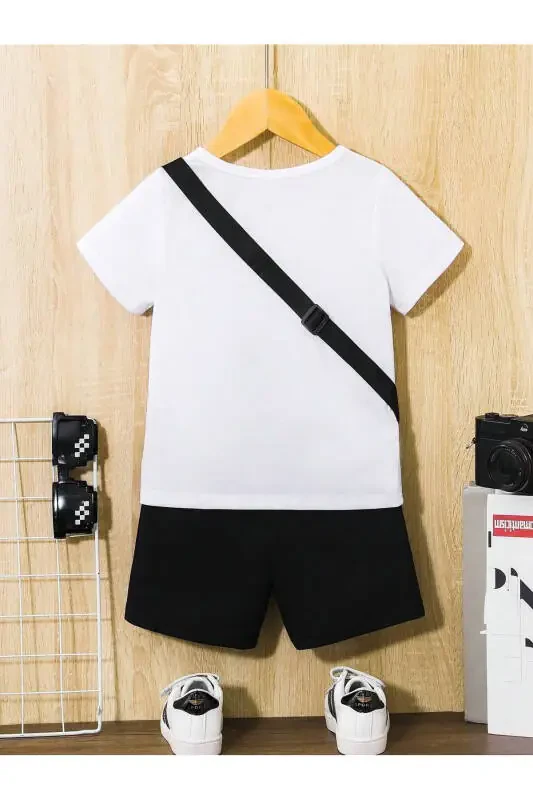 Smiling Face Printed Kids Set White T-shirt Black Shorts Girl Boy Bicycle Collar No Bag Included - 3