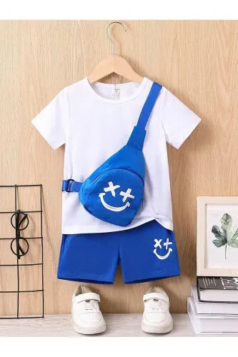Smiling Face Printed Kids Set White T-shirt Blue Shorts Girl Boy Bicycle Collar No Bag In Set - DUBU BUTİK (1)