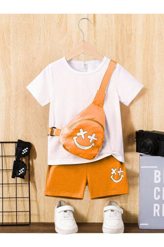 Smiling Face Printed Kids Set White T-shirt Orange Shorts Bicycle Collar No Bag Included - DUBU BUTİK (1)