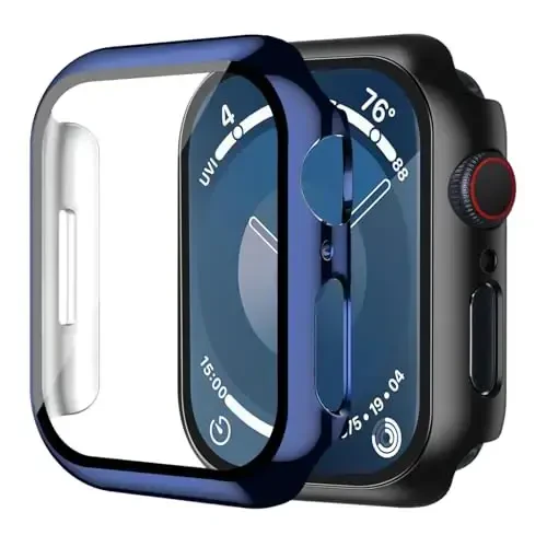 Smiling Pack Case Compatible with Apple Watch Series 9/8/7 45mm with Tempered Glass Screen Protector, Hard PC Case Overall Protective Cover- 1 Black + 1 Blue - 1