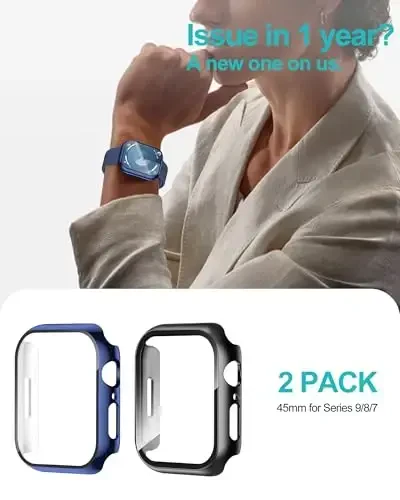 Smiling Pack Case Compatible with Apple Watch Series 9/8/7 45mm with Tempered Glass Screen Protector, Hard PC Case Overall Protective Cover- 1 Black + 1 Blue - 6