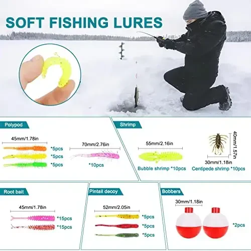SMMYMGF Trout & Crappie Ice Fishing Gear Lures Kit, Including Jig Heads,Soft Plastic baits for Panfish,Bluegill, Bass etc Freshwater Equipment - SMMYMGF (1)