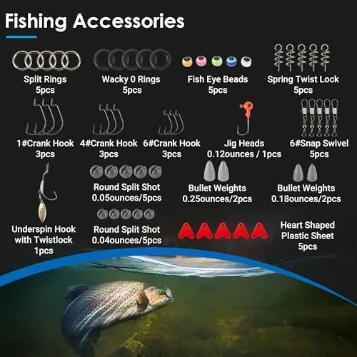 SMMYMGF Baliq ovlash uchun o'lja qutisi to'plami, sho'r suv chuchuk suv baliq ovlash uskunalari va jihozlari, shu jumladan Bionic Swimbait, Top Water o'ljalari, Yumshoq plastik o'ljalar, Bass, Trouth, Salmon uchun aksessuarlar va boshqalar. - 5