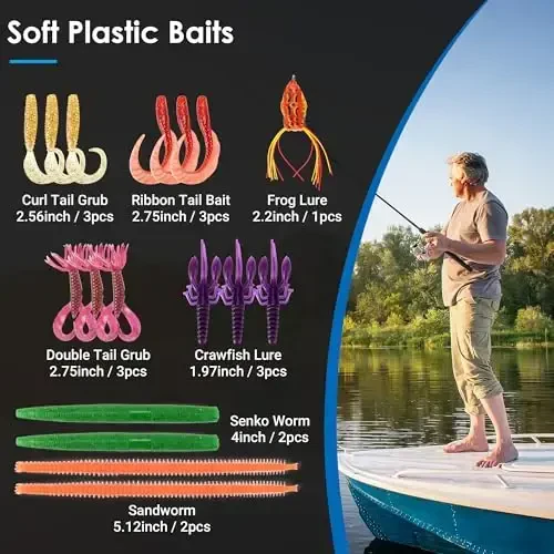 SMMYMGF Baliq ovlash uchun o'lja qutisi to'plami, sho'r suv chuchuk suv baliq ovlash uskunalari va jihozlari, shu jumladan Bionic Swimbait, Top Water o'ljalari, Yumshoq plastik o'ljalar, Bass, Trouth, Salmon uchun aksessuarlar va boshqalar. - 4