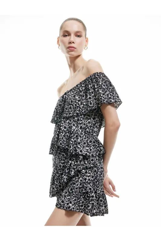 Smocked Boat Neck Sleeveless Flounced Tiered Floral Mini Jumpsuit - KOTON