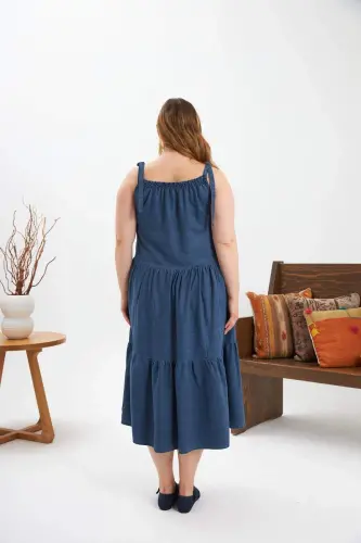 Smocked Bust Square Neck Plus Size Casual Dress Blue - 6