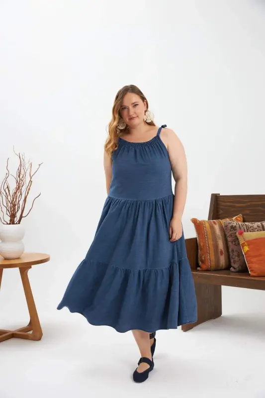 Smocked Bust Square Neck Plus Size Casual Dress Blue - BÜYÜKBEDENIZ