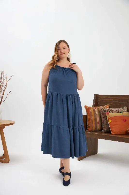 Smocked Bust Square Neck Plus Size Casual Dress Blue - 2