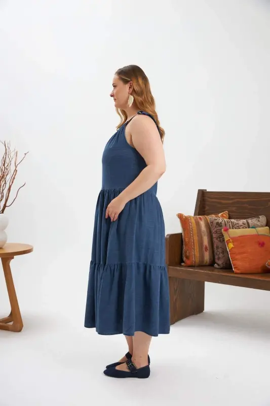 Smocked Bust Square Neck Plus Size Casual Dress Blue - 3