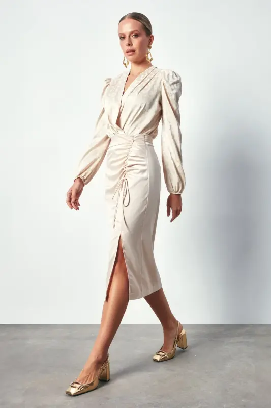 Smocked Detail Satin Skirt - BEIGE-BEIGE - 1