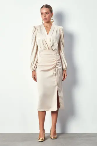 Smocked Detail Satin Skirt - BEIGE-BEIGE - SATEEN (1)