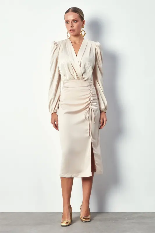 Smocked Detail Satin Skirt - BEIGE-BEIGE - 2