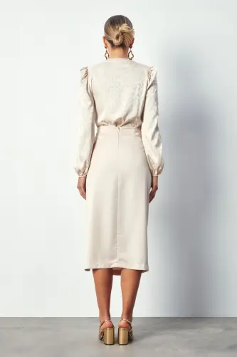 Smocked Detail Satin Skirt - BEIGE-BEIGE - 5