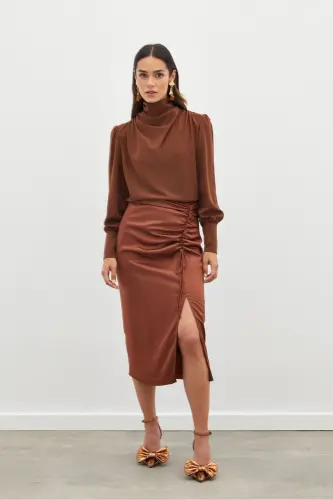Smocked Detail Satin Skirt - BROWN-BROWN 