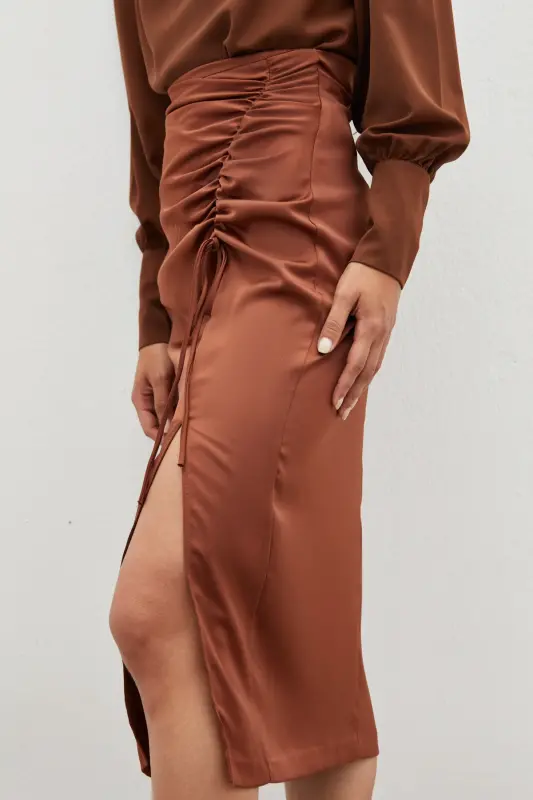 Smocked Detail Satin Skirt - BROWN-BROWN - 3