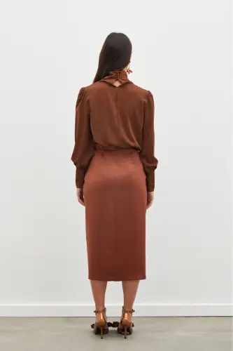 Smocked Detail Satin Skirt - BROWN-BROWN - 5