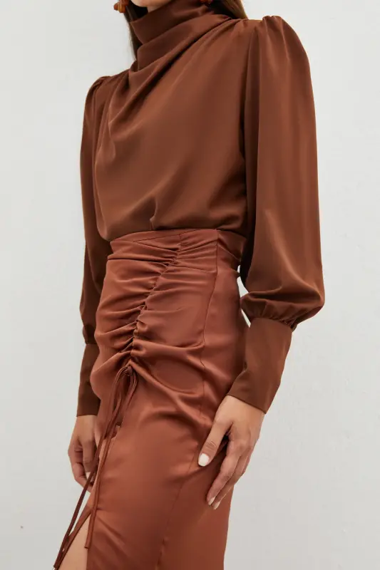 Smocked Detail Satin Skirt - BROWN-BROWN - 5