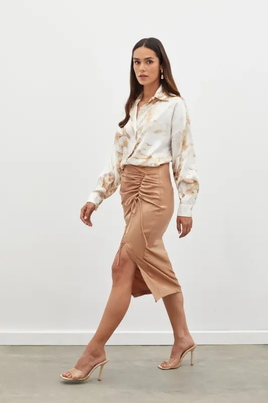 Smocked Detail Satin Skirt - Camel-CAMEL - 1