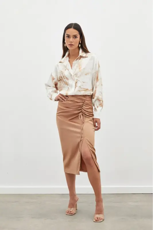 Smocked Detail Satin Skirt - Camel-CAMEL - 2