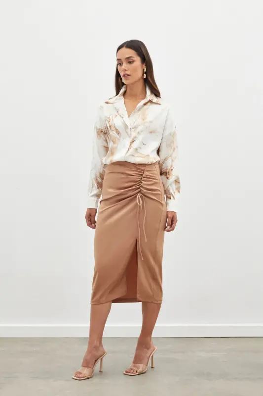 Smocked Detail Satin Skirt - Camel-CAMEL - 3