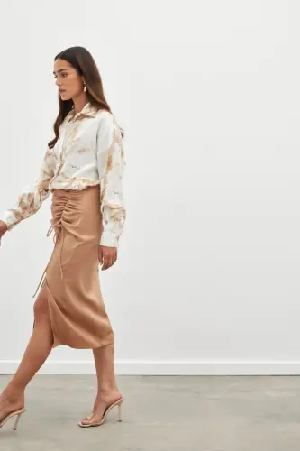 Smocked Detail Satin Skirt - Camel-CAMEL - 4