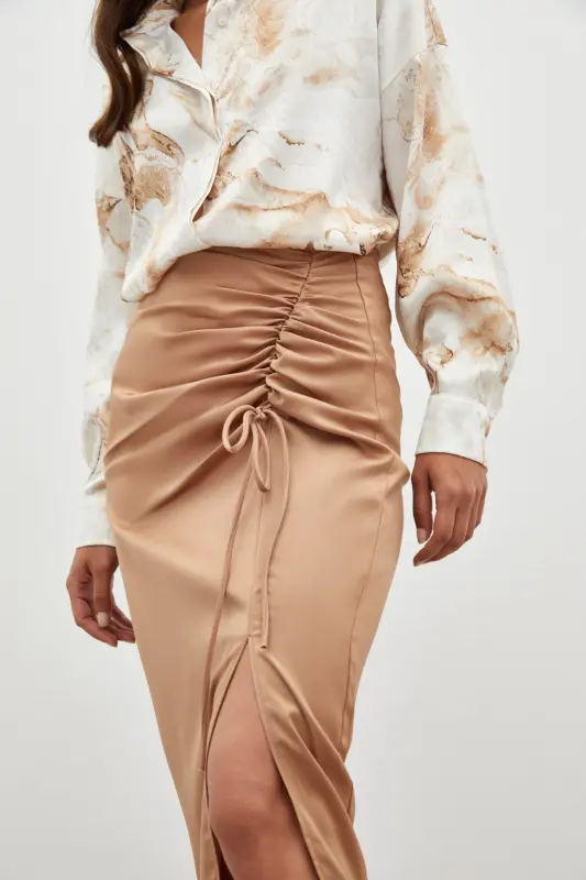 Smocked Detail Satin Skirt - Camel-CAMEL - 5