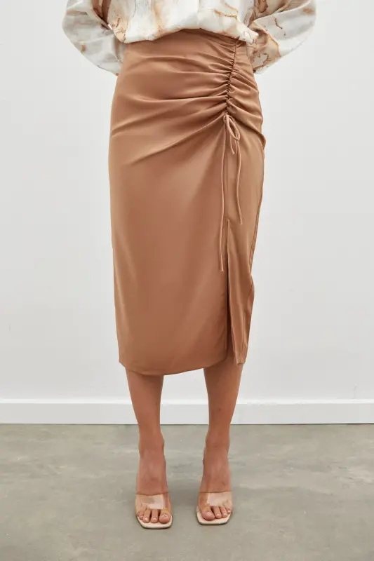 Smocked Detail Satin Skirt - Camel-CAMEL - 6