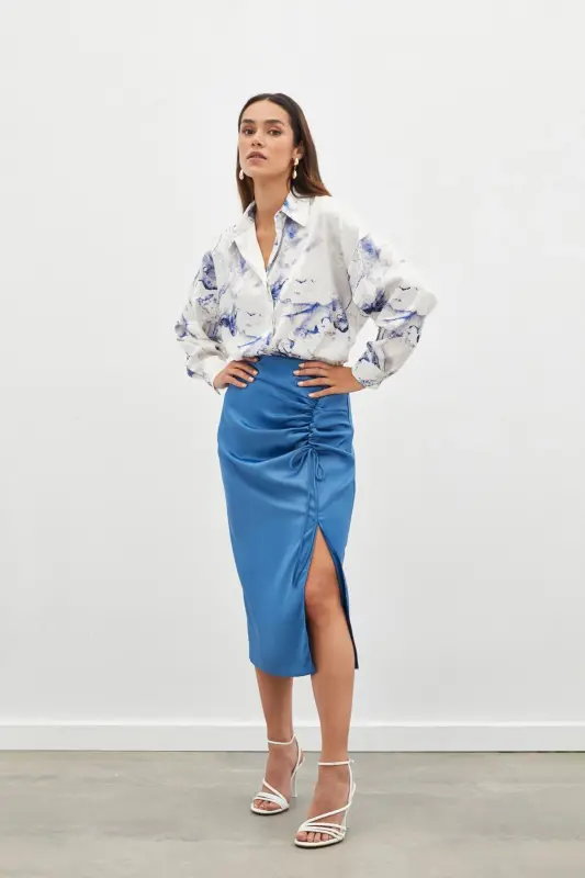 Smocked Detail Satin Skirt - INDIGO-INDIGO - 1