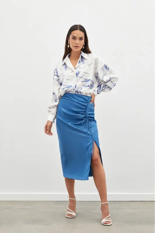 Smocked Detail Satin Skirt - INDIGO-INDIGO - 2