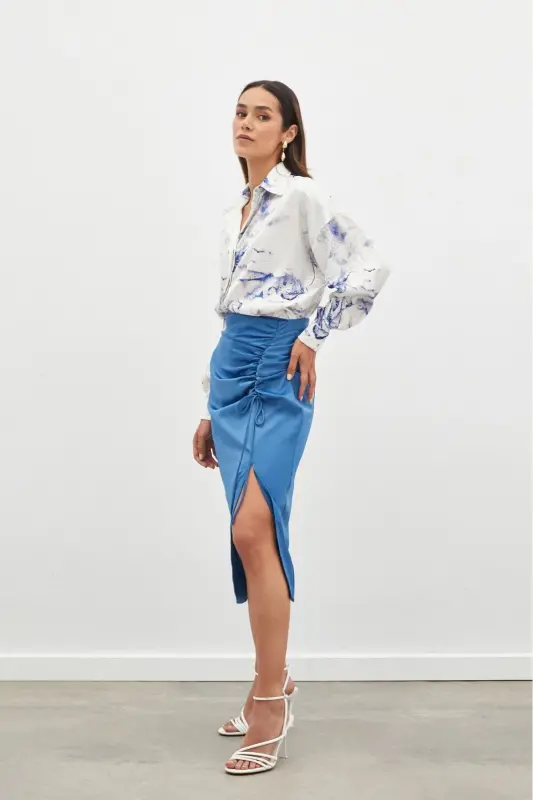 Smocked Detail Satin Skirt - INDIGO-INDIGO - 3