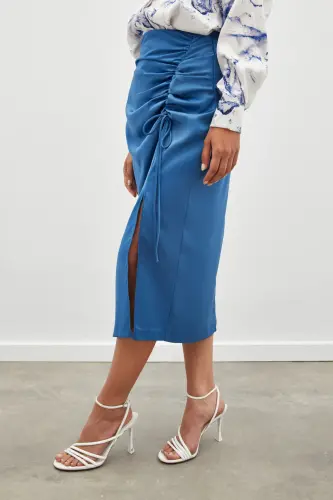 Smocked Detail Satin Skirt - INDIGO-INDIGO - 5