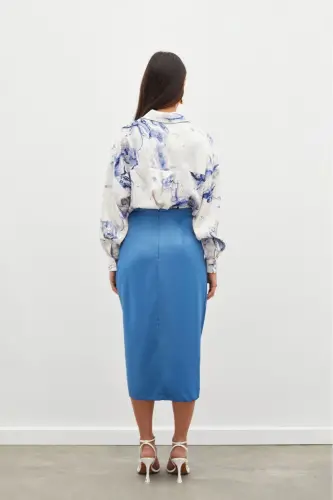 Smocked Detail Satin Skirt - INDIGO-INDIGO - 6