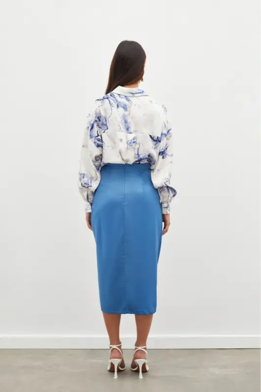 Smocked Detail Satin Skirt - INDIGO-INDIGO - 6