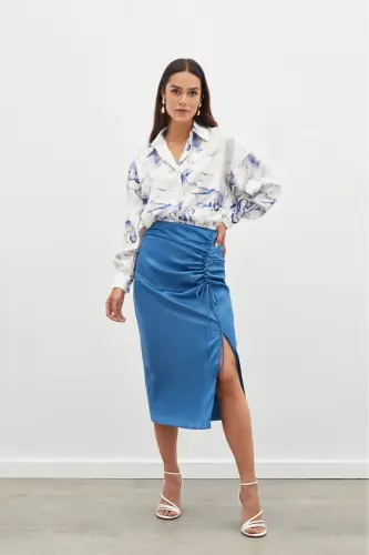 Smocked Detail Satin Skirt - INDIGO-INDIGO - 3