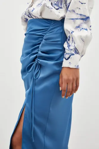 Smocked Detail Satin Skirt - INDIGO-INDIGO - 5