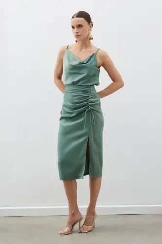 Smocked Detail Satin Skirt - KHAKI-KHAKI 