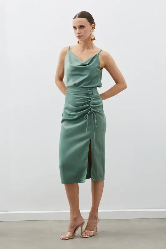 Smocked Detail Satin Skirt - KHAKI-KHAKI - SATEEN