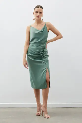 Smocked Detail Satin Skirt - KHAKI-KHAKI - SATEEN (1)