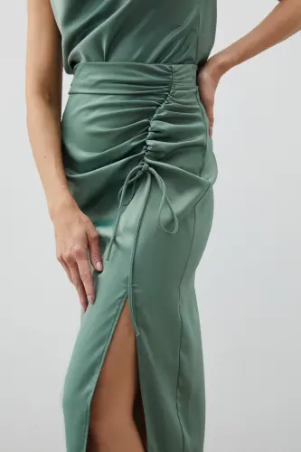 Smocked Detail Satin Skirt - KHAKI-KHAKI - 3